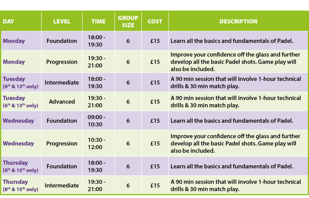 Padel Timetable_Jan 26 coaching